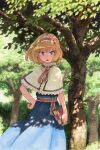  1girl alice_margatroid artist_name blonde_hair blue_dress blue_eyes book capelet dress hairband highres holding holding_book marker_(medium) outdoors red_hairband red_ribbon ribbon shiratama_(hockey) short_hair solo touhou traditional_media white_capelet 