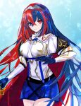  1girl alear_(female)_(fire_emblem) alear_(fire_emblem) blue_eyes blue_hair bow bowtie braid breasts crossed_bangs crown_braid fire_emblem fire_emblem_engage helen_(helen2210hk) heterochromia highres large_breasts long_hair multicolored_hair red_eyes red_hair solo split-color_hair tiara two-tone_hair very_long_hair white_bow white_bowtie 