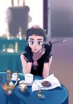  1girl absurdres audrey_hepburn black_gloves blue_eyes breakfast_at_tiffany&#039;s brown_hair cigarette_holder cosplay cup diantha_(pokemon) diantha_(sygna_suit)_(pokemon) dress gloves highres holly_golightly holly_golightly_(cosplay) jewelry looking_at_viewer papurikagakusyu pokemon pokemon_xy short_hair sleeveless sleeveless_dress smile table 