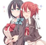  :d ^_^ bow breasts closed_eyes commentary_request green_eyes hair_between_eyes hair_bow hair_over_shoulder hair_ribbon hasu_(hk_works) hug hug_from_behind large_breasts long_hair low_ponytail multiple_girls open_mouth red_bow red_hair ribbon sanshuu_middle_school_uniform school_uniform simple_background smile tougou_mimori upper_body white_background yuri yuuki_yuuna yuuki_yuuna_wa_yuusha_de_aru yuusha_de_aru 