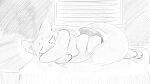 16:9 animal_crossing anthro biped blush bodily_fluids clothed clothing dragonweirdo fur hi_res lying male mammal marshal_(animal_crossing) monochrome nintendo on_side pillow pillow_hug rodent sciurid solo sweat sweatdrop tail tree_squirrel widescreen