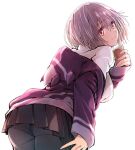  1girl ass commentary_request from_behind gridman_universe hood hooded_jacket jacket leaning_forward looking_at_viewer looking_back miniskirt off_shoulder panties panties_under_pantyhose pantyhose pantyshot pink_hair shinjou_akane shirt short_hair simple_background skirt smile solo ssss.gridman ueda_metawo underwear white_background 