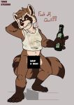  anthro barefoot beer_bottle bottomless censored clothed clothing dialogue drunk guardians_of_the_galaxy mammal marvel musk procyonid raccoon rocket_raccoon shirt solo stain tank_top tonio_(artist) white_shirt 