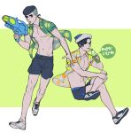  2boys anchor_symbol black_hair border crossed_legs green_background hat jojo_no_kimyou_na_bouken jojolion kira_yoshikage_(jojolion) kujo_josefumi male_focus male_swimwear midriff multicolored_hair multiple_boys nipples open_clothes open_shirt pectorals pompadour ramune reammara rokakaka sailor_hat shoes sneakers swim_trunks swimsuit translation_request two-tone_hair water_gun 