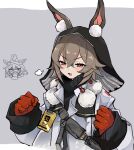 1girl :d animal_ear_fluff animal_ears arknights black_sweater blush brown_hair caper_(arknights) character_request chibi chibi_inset commentary_request ears_through_headwear gloves grey_background hair_between_eyes hands_up highres hood hood_up ikhlh2 jacket long_sleeves multiple_views puffy_long_sleeves puffy_sleeves red_eyes red_gloves sleeves_past_wrists smile sweater turtleneck turtleneck_sweater two-tone_background upper_body v-shaped_eyebrows white_background white_jacket 