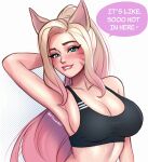  1girl ahri_(league_of_legends) animal_ears biting_own_lip black_sports_bra blonde_hair blue_eyes blush breasts cleavage english_commentary english_text facial_mark fox_ears highres k/da_(league_of_legends) k/da_ahri konomidraws large_breasts league_of_legends long_hair looking_at_viewer smile solo speech_bubble sports_bra sweat whisker_markings 