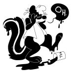  2013 3_fingers 3_toes anthro black_and_white black_fur black_nose blush bottomless bucket clothed clothing digital_drawing_(artwork) digital_media_(artwork) featureless_crotch firr floebean fur hair hi_res male mammal monochrome multicolored_fur multicolored_tail simple_background skunk solo striped_tail stripes sweat text toes toony vest white_background white_fur white_hair worried 