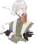  bangs black_gloves chinese_clothes crossed_arms edmond_dantes_(fate/grand_order) eyebrows_visible_through_hair fate/grand_order fate_(series) gloves grey_hair hair_between_eyes hair_ribbon holding holding_pipe kiseru long_sleeves looking_at_viewer male_focus parted_lips pipe ribbon rosette_(yankaixuan) simple_background smoke smoking solo upper_body white_background yellow_eyes 