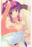  :p absurdres amazuyu_tatsuki armpits bangs bare_shoulders bathroom bathtub breasts brown_eyes cleavage collarbone curtains eyebrows_visible_through_hair fingernails hair_bun hair_up highres holding indoors kousaka_tamaki large_breasts looking_at_viewer naked_towel official_art outstretched_arm red_hair scan shiny shiny_hair sidelocks solo standing standing_on_one_leg taut_clothes to_heart_2 tongue tongue_out towel water wet wet_hair 