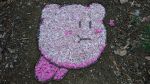  arms_up baguman_(bugman360) black_eyes blush_stickers closed_mouth commentary_request creature flower full_body grass highres kirby kirby_(series) leaf no_humans petals photo pink_flower rock soil solid_oval_eyes stick unconventional_media 
