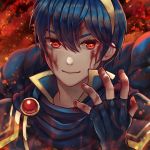  blood blue_eyes blue_hair chrone dark_persona fire_emblem fire_emblem:_monshou_no_nazo looking_at_viewer male_focus marth red_eyes short_hair smile solo 