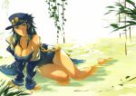  arm_support blue_eyes blue_hat breasts chain cleavage commentary_request genderswap genderswap_(mtf) green_hair hat highres jojo_no_kimyou_na_bouken kotatsu_(g-rough) kuujou_joutarou large_breasts leaf long_sleeves looking_at_viewer no_bra off_shoulder parted_lips peaked_cap sitting sleeves_past_wrists solo stardust_crusaders wet wet_clothes wet_hair 
