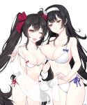  ;d asymmetrical_docking bangs bare_arms bare_shoulders bikini black_hair blue_ribbon blunt_bangs breast_press breasts brown_eyes collarbone cowboy_shot eyebrows_visible_through_hair girls_frontline hair_ribbon hairband half-closed_eyes hand_on_another's_shoulder highres holding ia_(ias1010) large_breasts long_hair looking_at_viewer multiple_girls navel one_eye_closed open_mouth pink_ribbon qbz-95_(girls_frontline) qbz-97_(girls_frontline) ribbon side-tie_bikini sidelocks signature simple_background smile standing stomach straight_hair swimsuit teasing thighs transparent twintails untied untied_bikini very_long_hair white_background white_bikini white_hairband 