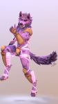  2018 3d_(artwork) armor blush canine digital_media_(artwork) digitigrade fur horn kreic looking_at_viewer male mammal muscular purple_fur tongue wolf 