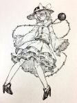  bangs bow closed_mouth full_body greyscale hair_between_eyes hat hat_bow high_heels highres komeiji_koishi layered_skirt long_sleeves looking_at_viewer mashimashi monochrome smile solo third_eye thorns touhou traditional_media wide_sleeves 