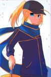  ahoge artoria_pendragon_(all) baseball_cap blonde_hair blue_eyes blue_scarf blurry blurry_background commentary_request excalibur fate/grand_order fate_(series) hand_on_hilt hat highres holding holding_sword holding_weapon jacket long_sleeves looking_at_viewer mysterious_heroine_x nyokichi_(nyokitto!) ponytail purple_jacket scarf solo standing sword upper_body weapon 
