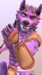  2018 3d_(artwork) armor blush canine digital_media_(artwork) fur horn kreic looking_at_viewer male mammal muscular purple_fur smile tongue wolf 