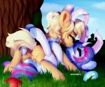  applejack_(mlp) blonde_hair duo embrace eyes_closed fake_ears fake_rabbit_ears fan_character female female/female feral feral_on_feral friendship_is_magic hair kissing lying meowcephei missionary_position multicolored_hair my_little_pony on_back outside pussy pussy_juice sex smile tree tribadism twilight_sparkle_(mlp) underhoof 
