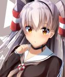  :o amatsukaze_(kantai_collection) bangs blush brown_dress brown_eyes choker clenched_hand commentary_request dress eyebrows_visible_through_hair eyes_visible_through_hair gloves grey_neckwear hair_tubes hairband hand_up highres kantai_collection lifebuoy long_hair looking_at_viewer neckerchief open_mouth sailor_dress sidelocks silver_hair smokestack_hair_ornament solo suisen-21 two_side_up upper_body 