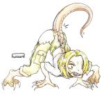  2002 all_fours angry anthro ass_up blonde_hair claws clenched_teeth clothing female hair hazard lizard pants reptile scalie shirt short_hair simple_background solo teeth torn_clothing transformation white_background 