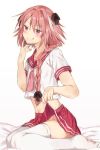  :q astolfo_(fate) bed_sheet black_bow blush bow braid commentary_request eyebrows_visible_through_hair fate/apocrypha fate_(series) from_side hair_bow hand_up highres long_hair male_focus midriff mochii multicolored_hair navel necktie no_panties otoko_no_ko pink_hair pink_neckwear pleated_skirt purple_eyes red_sailor_collar red_skirt sailor_collar shirt short_sleeves single_braid skirt skirt_lift smile solo streaked_hair thighhighs tongue tongue_out white_legwear white_shirt 