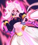  android_21 aura bandeau bared_teeth black_sclera breasts detached_sleeves dragon_ball dragon_ball_fighterz earrings energy_blast evil_grin evil_smile eymbee grin harem_pants highres hoop_earrings jewelry long_hair majin_android_21 medium_breasts motion_blur navel pants pink_hair pink_skin pointy_ears red_eyes smile solo 