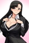  asymmetrical_bangs bangs black_hair black_jacket blush bra breasts brown_eyes cleavage closed_mouth commentary_request cosplay dress_shirt frown girls_und_panzer highres jacket koujun_(mugenzero) lace lace-trimmed_bra large_breasts long_hair nishi_kinuyo nishizumi_shiho nishizumi_shiho_(cosplay) pink_background shirt shirt_pull solo sweat underwear upper_body white_bra white_shirt wing_collar 