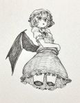  bangs blush bow bowtie cowboy_shot cropped_legs greyscale hat hat_bow highres looking_at_viewer mashimashi mob_cap monochrome open_mouth remilia_scarlet short_hair short_sleeves single_wing skirt skirt_set solo sweat touhou traditional_media wings 