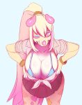  big_breasts bikini blonde_hair breasts chameleon chimereon cleavage clothed clothing female hair horn huge_breasts jackson&#039;s_chameleon lizard long_hair miniskirt non-mammal_breasts one_eye_closed pom_(seel_kaiser) ponytail reptile scalie seel_kaiser skimpy skirt swimsuit tied_shirt wink 