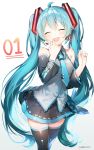  :d ^_^ absurdres aqua_hair black_legwear black_skirt blush closed_eyes commentary dated detached_sleeves hands_up hatsune_miku highres long_hair open_mouth simple_background skirt smile solo thighhighs twintails umibouzu_(niito) very_long_hair vocaloid white_background zettai_ryouiki 