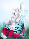  2018 5_fingers adorableinall anthro breasts canine eyes_closed female fur grey_fur hair mammal nipples nitricacid simple_background solo white_hair wings 