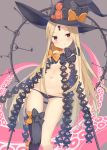 abigail_williams_(fate/grand_order) aroma0501 ass_visible_through_thighs asymmetrical_legwear bangs black_bow black_hat black_legwear black_panties blonde_hair blush bow breasts closed_mouth commentary_request eyebrows_visible_through_hair fate/grand_order fate_(series) grey_background hat hat_bow head_tilt highres key keyhole long_hair looking_at_viewer orange_bow panties parted_bangs red_eyes revealing_clothes single_thighhigh small_breasts smile solo suction_cups tentacles thighhighs topless underwear v-shaped_eyebrows very_long_hair witch_hat 