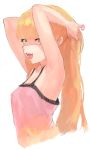  :d armpits bare_arms bare_shoulders blonde_hair camisole commentary_request from_side hair_tie hands_up idolmaster idolmaster_cinderella_girls jougasaki_rika long_hair looking_at_viewer looking_to_the_side open_mouth simple_background smile solo suisogenshi tying_hair upper_body white_background yellow_eyes 