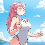  aqua_eyes beach blue_sky blush breasts cloud commentary coolisushi darling_in_the_franxx day groin half-closed_eyes highres horns long_hair looking_at_viewer medium_breasts ocean one-piece_swimsuit outdoors pink_hair ponytail sky solo swimsuit very_long_hair white_swimsuit zero_two_(darling_in_the_franxx) 