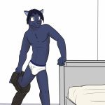  2015 5_fingers 5_toes abs anthro bed bedroom black_clothing black_hair black_nose black_pants blue_body blue_clothing blue_fur blue_hair blush briefs bulge chest_tuft clothed clothing embarrassed fangs feline fukami_retsu_(gekiranger) fur fuze hair hi_res juken_sentai_gekiranger male mammal muscular panther pants pants_down partially_clothed pecs power_rangers purple_nose sharp_teeth short_hair simple_background skimpy solo teeth tighty_whities toes topless tuft underwear undressing white_clothing yellow_eyes 