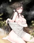  :d animal_ears atago_(azur_lane) azur_lane bare_arms bare_legs bare_shoulders barefoot black_hair blurry blurry_foreground blush breasts brown_eyes bush cleavage closed_mouth collarbone condom condom_in_mouth condom_wrapper depth_of_field dripping ears_down full_moon hair_ornament highres ia_(ias1010) large_breasts long_hair moon mouth_hold naked_towel night night_sky on_floor open_mouth outdoors ribbon sidelocks sitting sky smile solo steam towel tsurime undressing very_long_hair wariza water water_drop wet wet_hair white_ribbon wooden_floor 