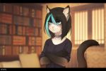  2018 5_fingers anthro black_bars black_hair blue_eyes cat clothed clothing collar detailed_background ear_piercing feline female hair iskra mammal piercing pink_nose solo 