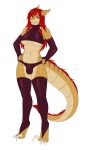  bulge claws clothed clothing dinosaur ear_piercing female fish hair herm hybrid intersex kitsunewaffles-chan long_tail looking_at_viewer marine orange_eyes orange_skin piercing raptor red_hair rubber shark skimpy solo spandex theretto theropod thick_thighs tight_clothing wide_hips 