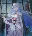  anastasia_(fate/grand_order) blue_eyes blush cape choker doll dress fate/grand_order fate_(series) grey_hair hair_ornament highres holding holding_doll jewelry leaf_hair_ornament long_hair mosta_(lo1777789) pendant rain royal_robe single_earring window 