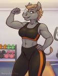  2018 5_fingers abs adharc anthro biceps black_bottomwear black_bra black_clothing black_eyebrows black_pants black_topwear black_underwear bra breasts brown_hair chewycuticle clothed clothing crossgender detailed_background digital_media_(artwork) eyebrows female flexing front_view green_eyes grey_skin grey_tail grin gym hair hand_on_hip horn humanoid_hands inside mammal muscular muscular_female navel pants portrait pose rhinoceros short_hair signature smile solo sports_bra standing tail_tuft tattoo teeth three-quarter_portrait tuft underwear white_horn 
