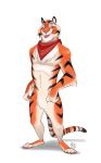  2018 anthro claws digital_media_(artwork) feline fur furrybob male mammal scarf simple_background solo standing stripes tiger toe_claws toes white_background 