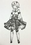  blush bow bowtie closed_mouth commentary_request cyborg expressionless full_body greyscale highres long_sleeves mashimashi monochrome original pleated_skirt skirt solo standing traditional_media 