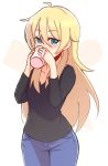  black_shirt blonde_hair blue_eyes blue_pants blush coolisushi cowboy_shot cup denim drinking hair_between_eyes highres jeans long_hair long_sleeves looking_at_viewer mug new_game! pants shirt solo very_long_hair yagami_kou 