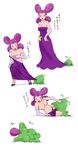  1girl bad_end breasts dress fantina gulpin gym_leader helpless highres melissa_(pokemon) nintendo pokemon purple_eyes purple_hair scared screaming tears translated translation_request undressing vore 