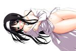  ayase_toworu bare_shoulders black_hair blue_eyes blush bottomless flat_chest hair_over_breasts hairband long_hair long_sleeves lying navel nipples no_bra off_shoulder on_back open_clothes open_robe robe simple_background solo toono_akiha tsukihime white_background white_hairband 