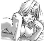  :d arcueid_brunestud arm_support artist_request bangs bed_sheet blush breasts condom condom_wrapper eyebrows eyebrows_visible_through_hair greyscale groin hand_on_own_shoulder hanging_breasts holding holding_condom indoors large_breasts looking_at_viewer lying monochrome naughty_face navel nipples nude on_back on_stomach open_mouth short_hair simple_background sketch smile solo tsukihime 
