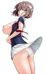  aoki_yuriko ass bakuman breasts brown_eyes brown_hair fukudahda huge_breasts legs looking_back mole mole_under_eye nipples open_clothes open_shirt panties pantyshot parted_lips pleated_skirt shirt short_hair simple_background skirt solo underwear white_background white_panties wind wind_lift 