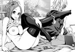  1girl :p album_cover arm_support bad_id bad_pixiv_id bakuman bed blush bottomless breast_press breasts chiba_toshirou condom cover fact_(band) feet greyscale hands large_breasts legs miyoshi_kaya monochrome nipples no_bra no_shoes on_bed panties panties_around_one_leg pillow poster_(object) shirt_lift takagi_akito thighhighs tongue tongue_out underwear 