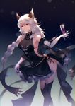  animal_ears backless_outfit bare_shoulders black_dress braid breasts cat_ears champagne_flute cleavage commentary_request cup dress drinking_glass elbow_gloves erune gloves granblue_fantasy heles large_breasts long_hair silver_hair single_braid smile solo standing thighhighs very_long_hair vienri white_gloves yellow_eyes 