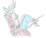  ^_^ beerus carrying closed_eyes dragon_ball dragon_ball_super fingernails full_body happy kameno_(nameko_ziru_n) long_fingernails long_sleeves male_focus multiple_boys simple_background sitting sitting_on_person smile tongue tongue_out towel whis white_background white_hair 